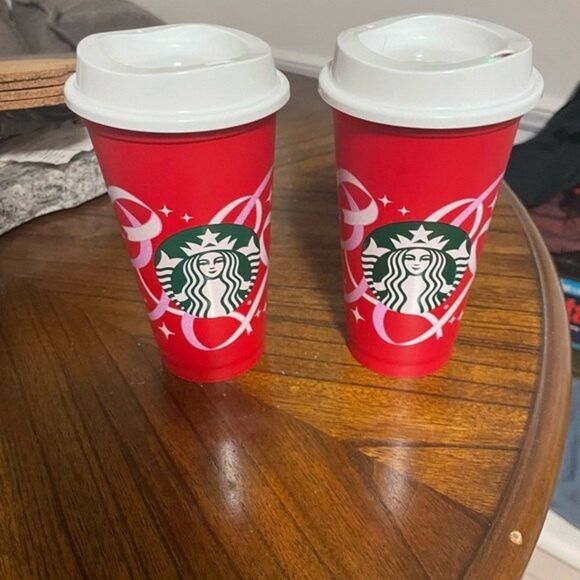 Starbucks 50 Years 2021 Christmas Plastic Red Reusable Coffee Cup Lot of 2 - Picture 2 of 5